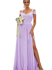 A-Line/Princess Off-the-shoulder Sleeveless Floor   Length Bridesmaid Dresses  Chiffon with Ruffles