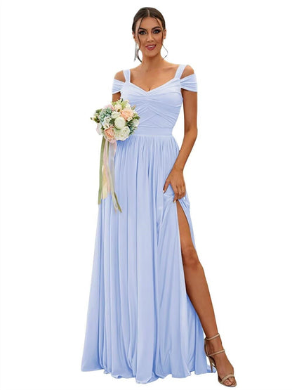 A-Line/Princess Off-the-shoulder Sleeveless Floor   Length Bridesmaid Dresses  Chiffon with Ruffles