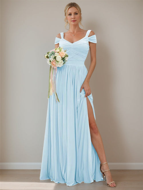 Nafori Light Blue A-Line/Princess Off-The-Shoulder Sleeveless Floor Length Bridesmaid Dresses Chiffon with Ruffles 2026