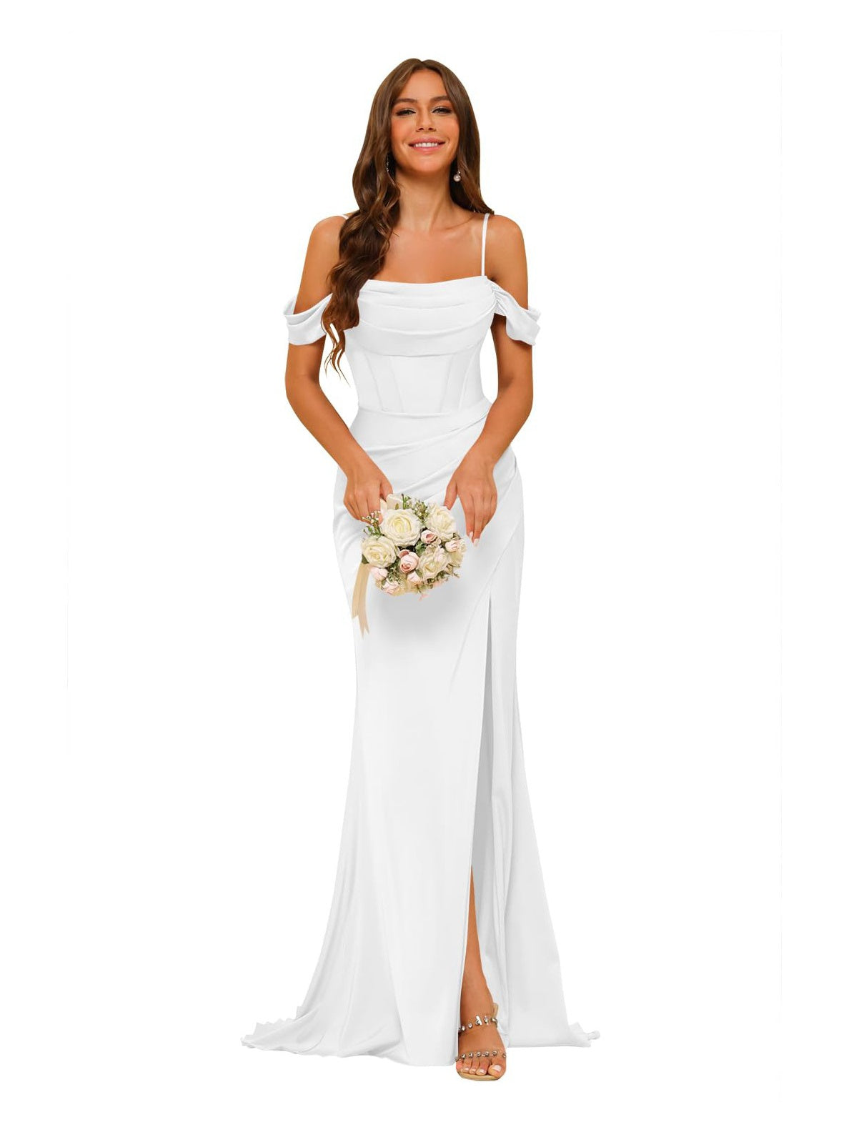 Nafori White Mermaid/Trumpet Satin Off-the-Shoulder Sleeveless Floor-Length Bridesmaid Dresses 2026