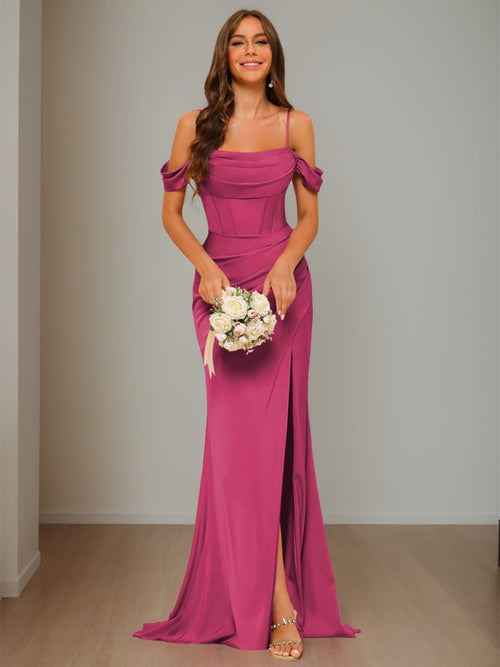 Nafori Fuchsia Mermaid/Trumpet Satin Off-the-Shoulder Sleeveless Floor-Length Bridesmaid Dresses 2026 Nafori Fuchsia Mermaid/Trumpet Satin Off-the-Shoulder Sleeveless Floor-Length Bridesmaid Dresses 2026