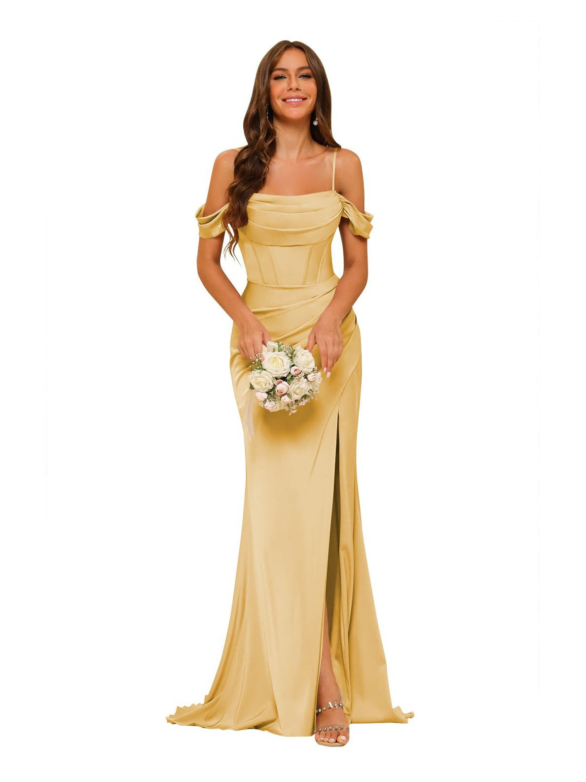 Nafori Gold Mermaid/Trumpet Satin Off-the-Shoulder Sleeveless Floor-Length Bridesmaid Dresses 2026