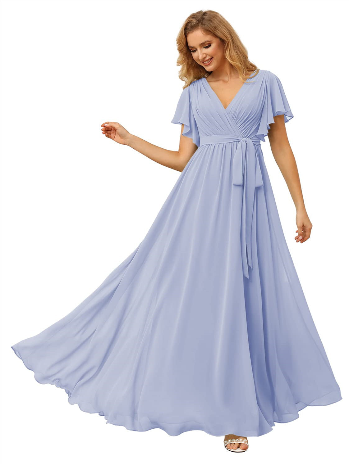 A Line/Princess Chiffon V-Neck Short Sleeves Ankle-Length Bridesmaid D – Nafori