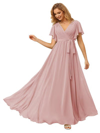 A Line/Princess Chiffon V-Neck Short Sleeves Ankle-Length Bridesmaid Dresses