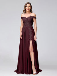 A-Line/Princess Off-the-Shoulder Sleeveless Long Bridesmaid Dresses with Side Slit & Appliqued