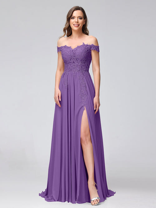 A字/公主式一字肩无袖长款伴娘礼服，带侧开衩和贴花