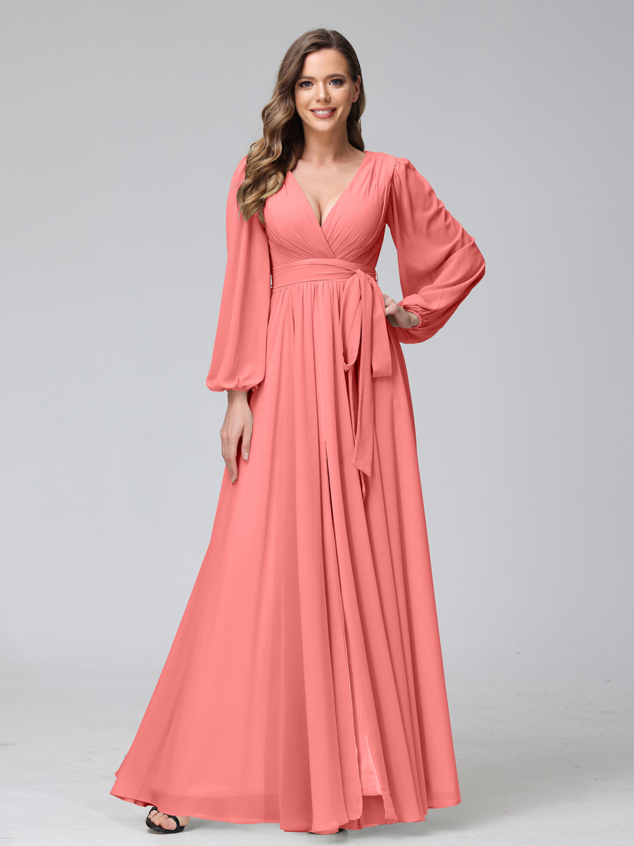 Nafori Coral A-Line V-Neck Long Sleeves Chiffon Long Bridesmaid Dresses With Ruffles Split Side 2026