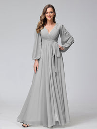 A-Line V-Neck Long Sleeves Chiffon Long Bridesmaid Dresses With Ruffles Split Side