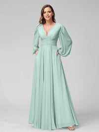 A-Line/Princess V-Neck Long Sleeves Floor-Length Bridemaid Dresses With Split Side & Pockets