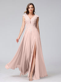 A-Line/Princess V-Neck Sleeveless Chiffon LongBridemaid Dresses With Applique Split Side
