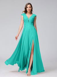 A-Line/Princess V-Neck Sleeveless Chiffon LongBridemaid Dresses With Applique Split Side