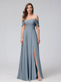 A-Line/Princess Off-the-Shoulder Sleeveless Floor-Length Bridemaid Dresses with Split Side & Ruched