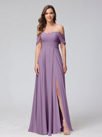 A-Line/Princess Off-the-Shoulder Sleeveless Floor-Length Bridemaid Dresses with Split Side & Ruched