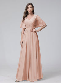 A-Line/Princess V-Neck Half Sleeves Floor-Length Bridemaid Dresses With Ruffles & Pockets