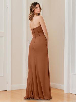 A Line/Princess Strapless Neck Sleeveless Floor-Length Bridesmaid Dresses with Split Side & Ruffles