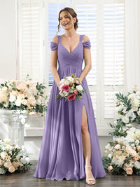 A-Line/Princess V-Neck Floor-Length Chiffon Bridesmaid Dresses with Split Side & Ruched