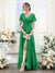 A字型/公主式V领短袖落地雪纺伴娘礼服，带开衩和褶饰