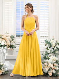 A-Line/Princess Halter Sleeveless Floor-Length Chiffon Bridesmaid Dresses with Ruched