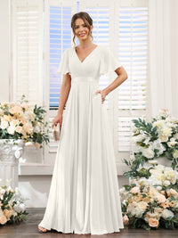 A-Line/Princess V-Neck Short Sleeves Chiffon Bridesmaid Dresses with Pockets