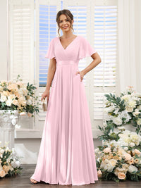 A-Line/Princess V-Neck Short Sleeves Chiffon Bridesmaid Dresses with Pockets