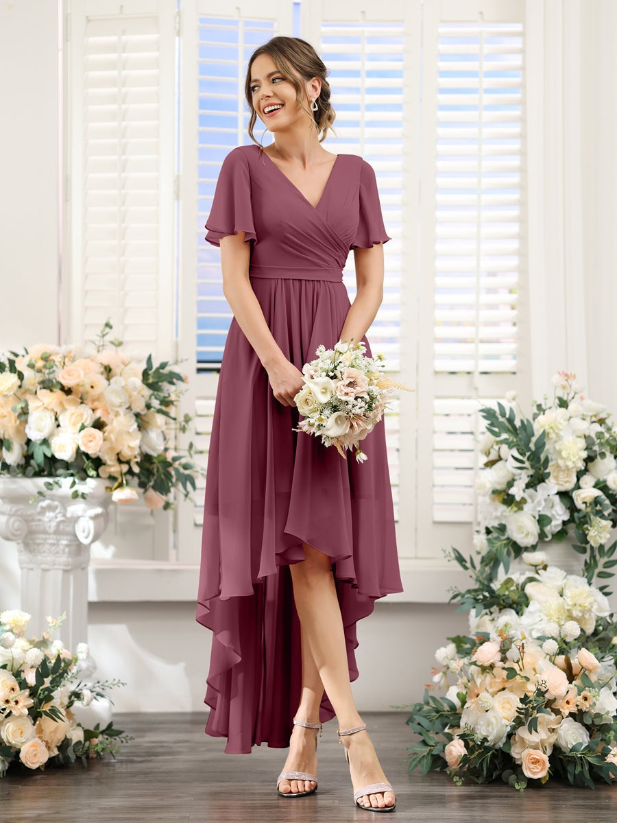Nafori Peacock A-Line/Princess V-Neck Short Sleeves Asymmetrical Chiffon Bridesmaid Dresses with Ruched 2026