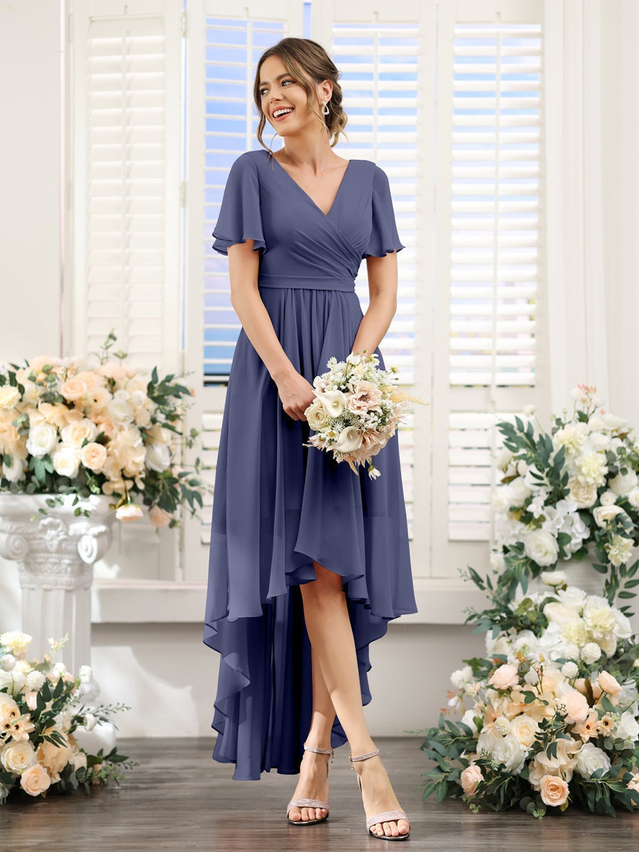 Nafori Stormy A-Line/Princess V-Neck Short Sleeves Asymmetrical Chiffon Bridesmaid Dresses with Ruched 2026