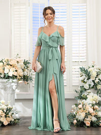 A-Line/Princess V-Neck Spaghetti Straps Floor-Length Bridesmaid Dresses with Pockets