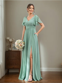 A-Line/Princess V-Neck Short Sleeves Chiffon Bridesmaid Dresses with Split Side & Pockets