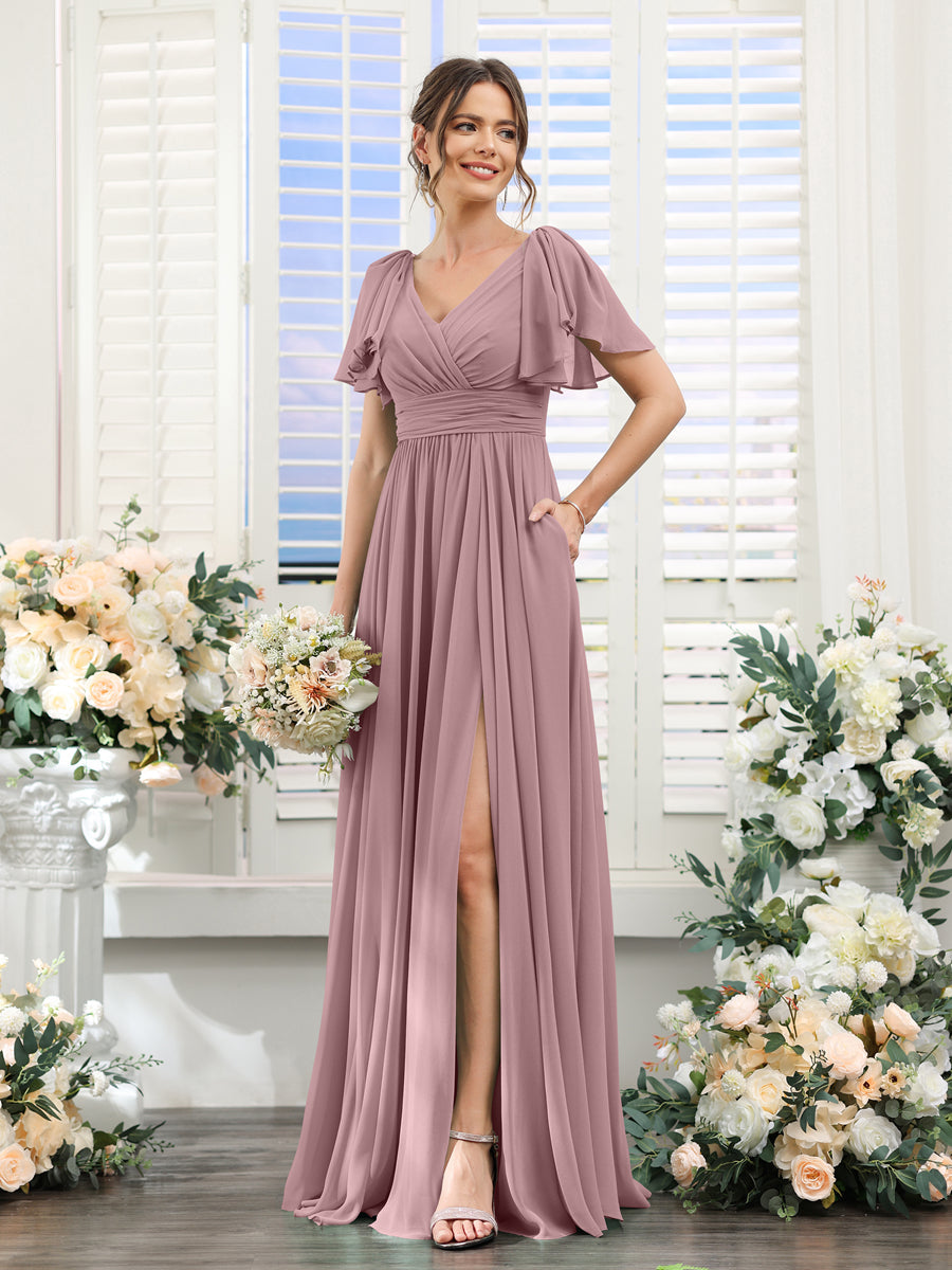 Nafori Mauve A-Line/Princess V-Neck Short Sleeves Chiffon Bridesmaid Dresses with Split Side & Pockets 2026