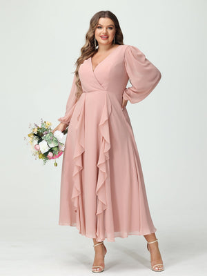 A-Line/Princess V-Neck Long Sleeves Chiffon Tea-Length Plus Size Bridesmaid Dresses with Pockets & Ruffles