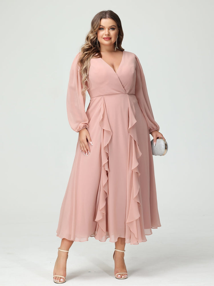A-Line/Princess V-Neck Long Sleeves Chiffon Tea-Length Plus Size Bridesmaid Dresses with Pockets & Ruffles