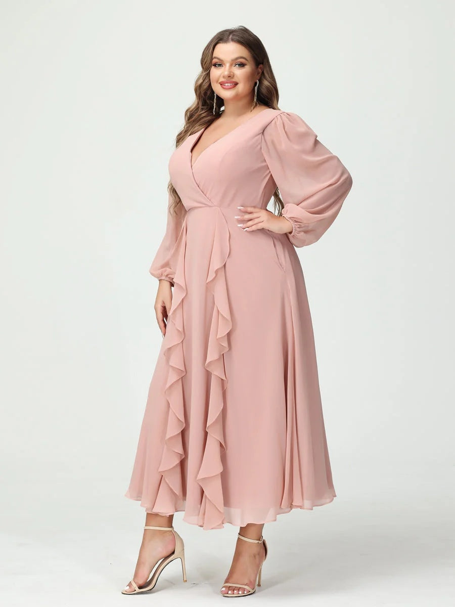 A-Line/Princess V-Neck Long Sleeves Chiffon Tea-Length Plus Size Bridesmaid Dresses with Pockets & Ruffles