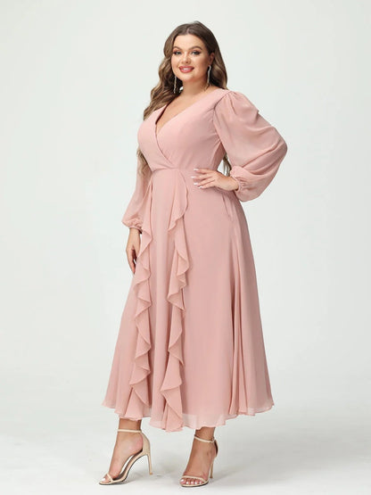 A-Line/Princess V-Neck Long Sleeves Chiffon Tea-Length Plus Size Bridesmaid Dresses with Pockets & Ruffles