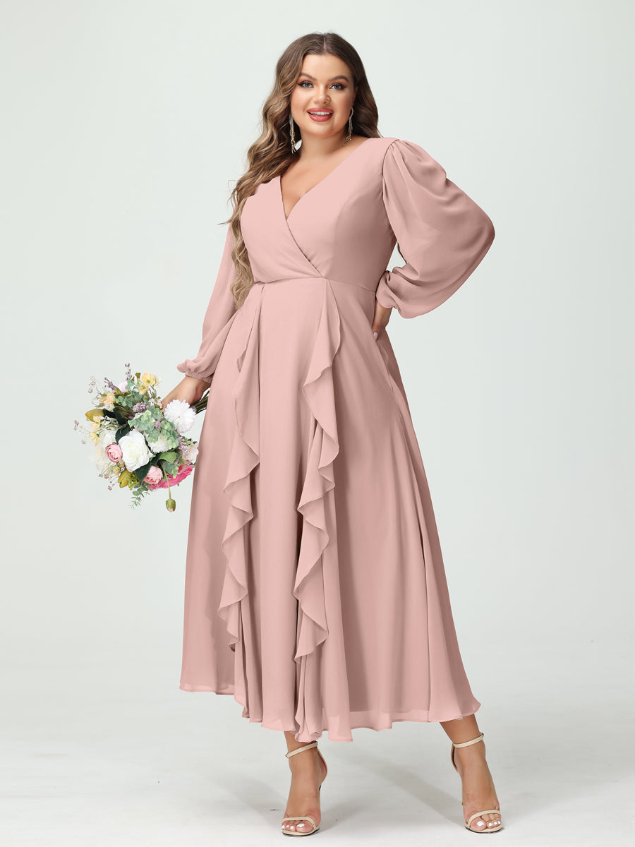 A-Line/Princess V-Neck Long Sleeves Chiffon Tea-Length Plus Size Bridesmaid Dresses with Pockets & Ruffles
