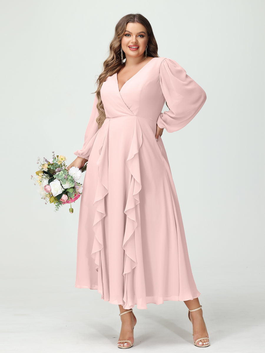 A-Line/Princess V-Neck Long Sleeves Chiffon Tea-Length Plus Size Bridesmaid Dresses with Pockets & Ruffles