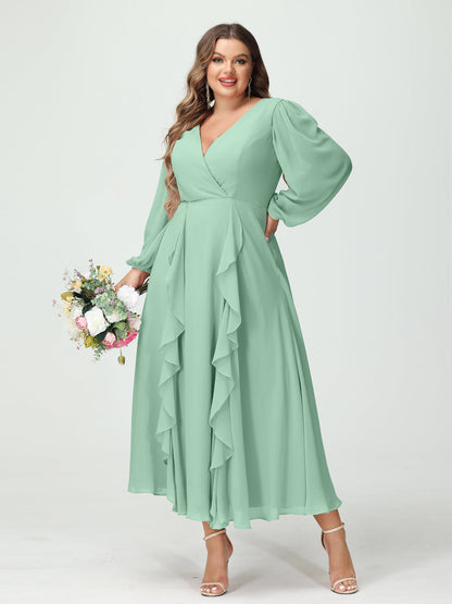 A-Line/Princess V-Neck Long Sleeves Chiffon Tea-Length Plus Size Bridesmaid Dresses with Pockets & Ruffles