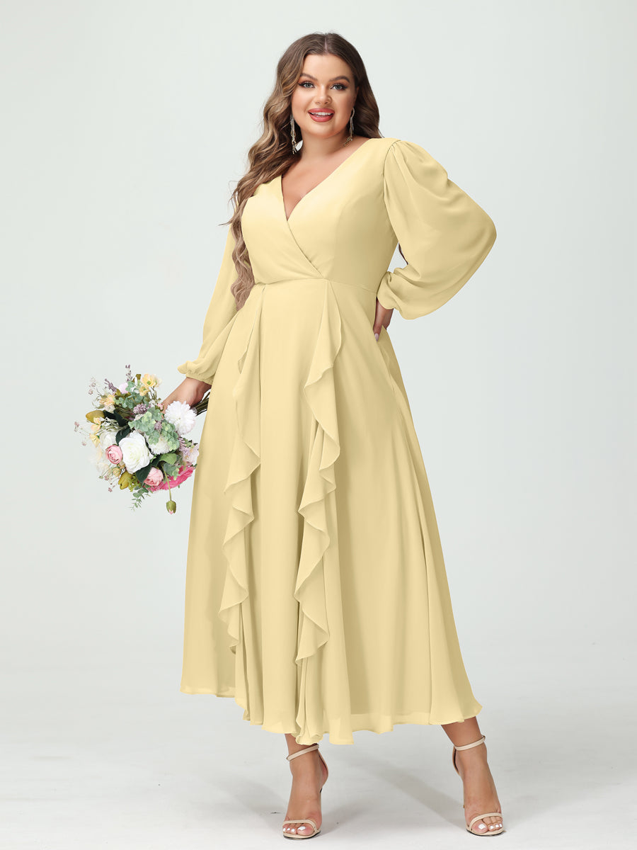 A-Line/Princess V-Neck Long Sleeves Chiffon Tea-Length Plus Size Bridesmaid Dresses with Pockets & Ruffles