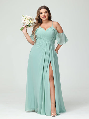A-Line/Princess Spaghetti Straps Short Sleeves Chiffon Plus Size Bridesmaid Dresses with Pockets,Ruched Split Side