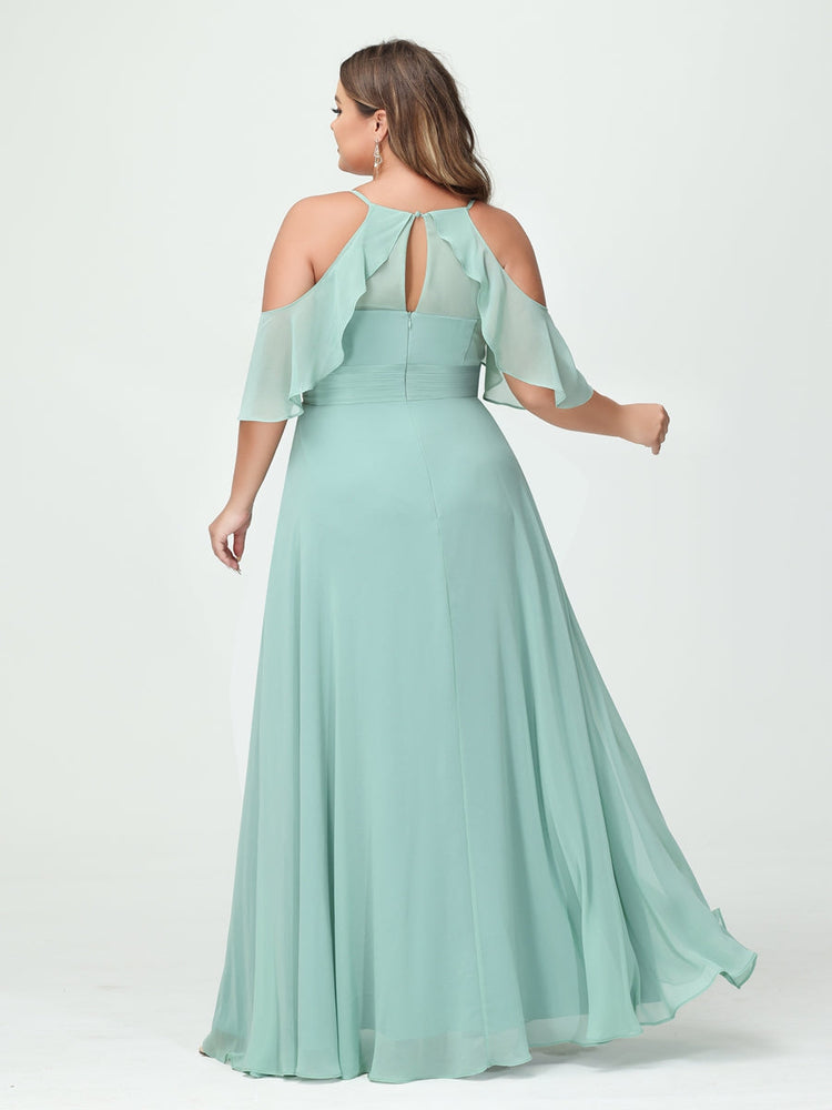 A-Line/Princess Spaghetti Straps Short Sleeves Chiffon Plus Size Bridesmaid Dresses with Pockets,Ruched Split Side