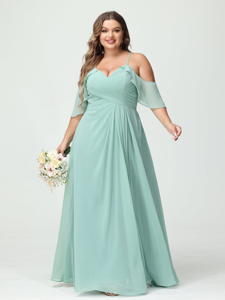 A-Line/Princess Spaghetti Straps Short Sleeves Chiffon Plus Size Bridesmaid Dresses with Pockets,Ruched Split Side