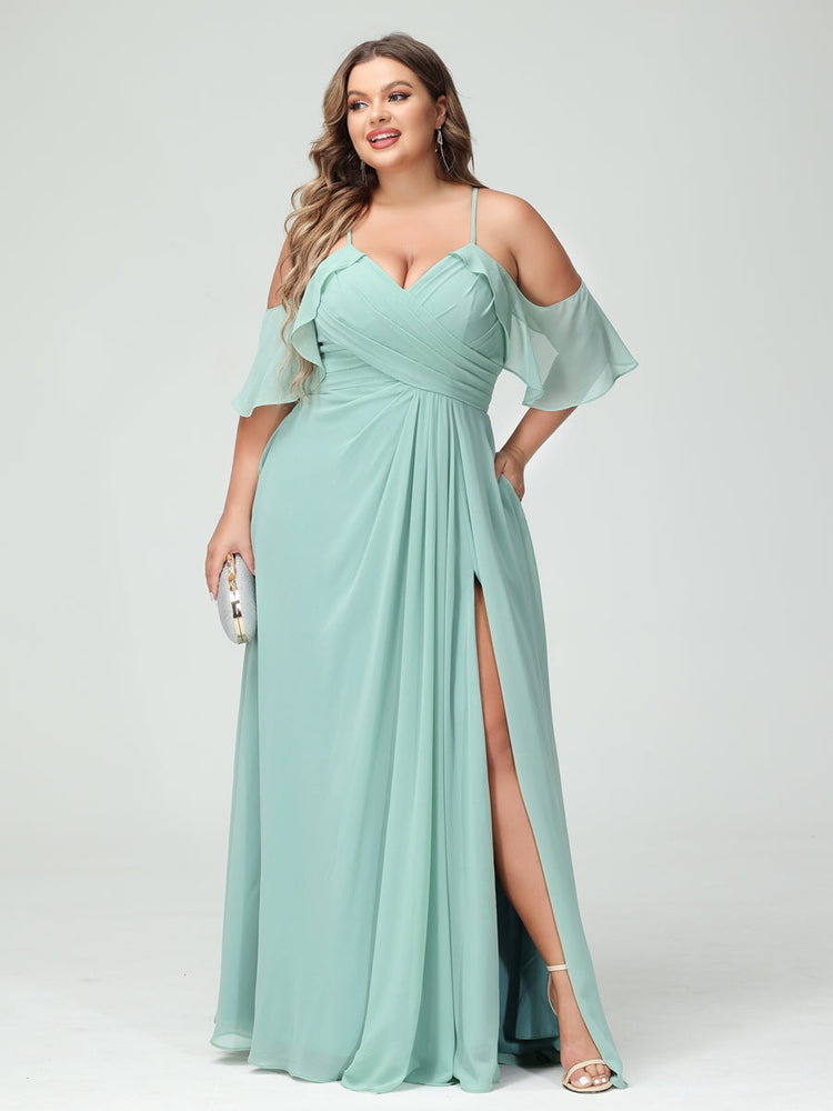 A-Line/Princess Spaghetti Straps Short Sleeves Chiffon Plus Size Bridesmaid Dresses with Pockets,Ruched Split Side