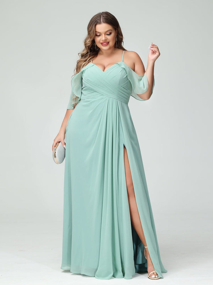 A-Line/Princess Spaghetti Straps Short Sleeves Chiffon Plus Size Bridesmaid Dresses with Pockets,Ruched Split Side
