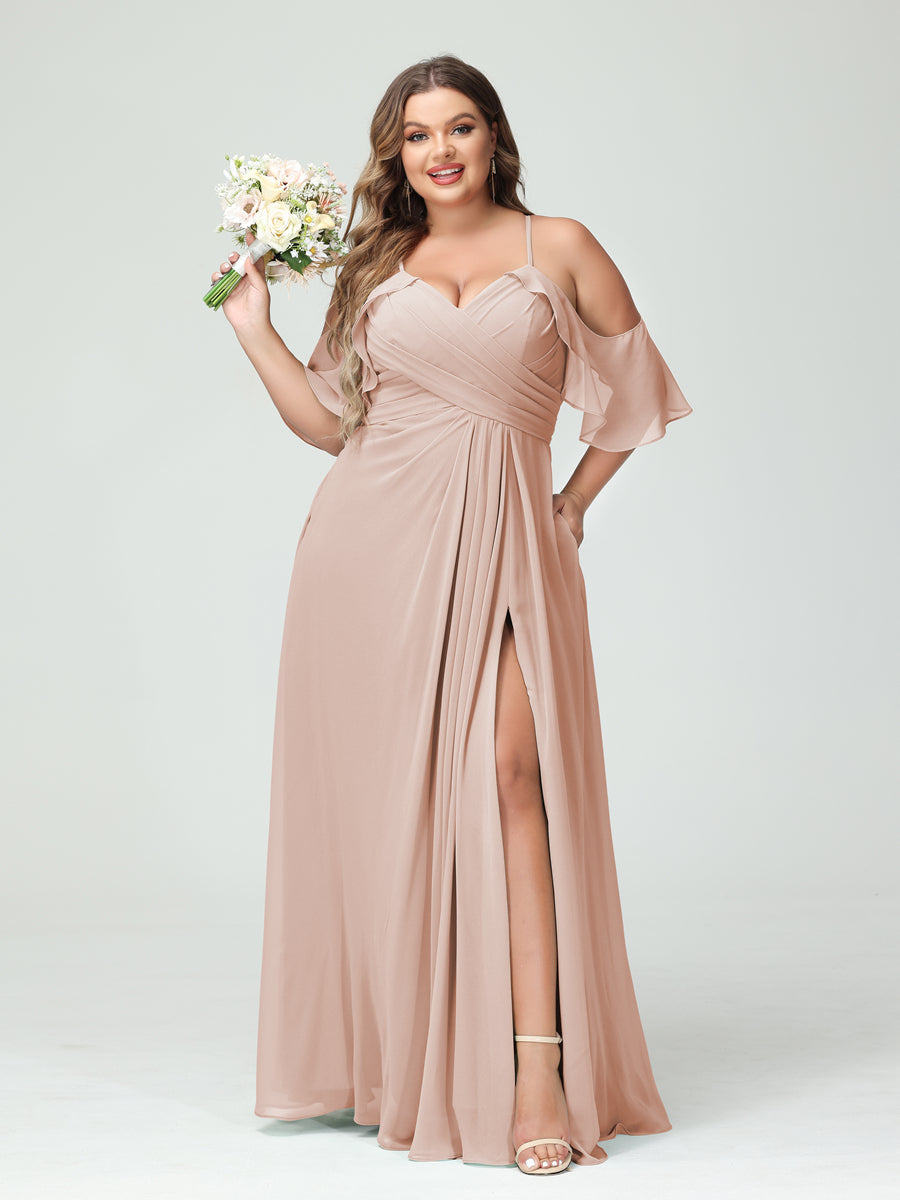 A-Line/Princess Spaghetti Straps Short Sleeves Chiffon Plus Size Bridesmaid Dresses with Pockets,Ruched Split Side
