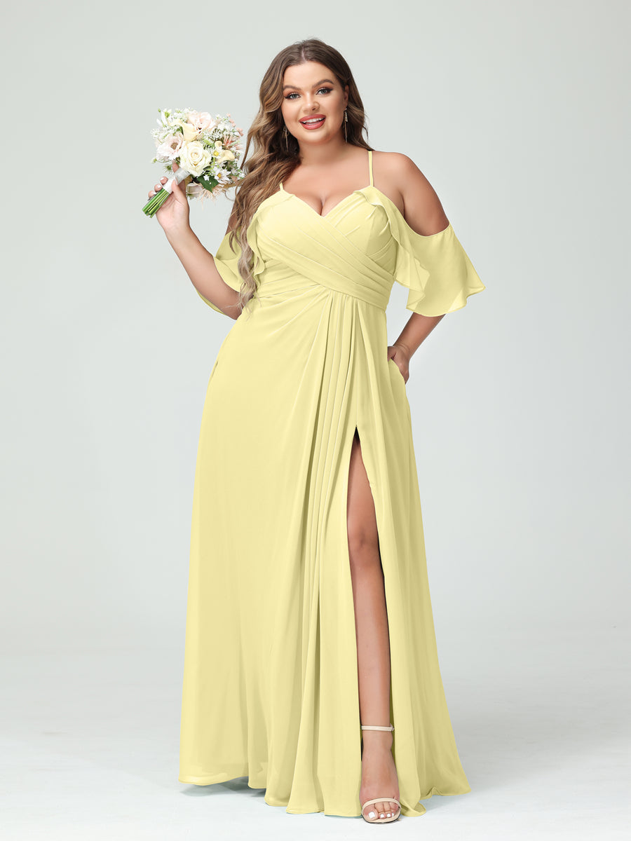 A-Line/Princess Spaghetti Straps Short Sleeves Chiffon Plus Size Bridesmaid Dresses with Pockets,Ruched Split Side