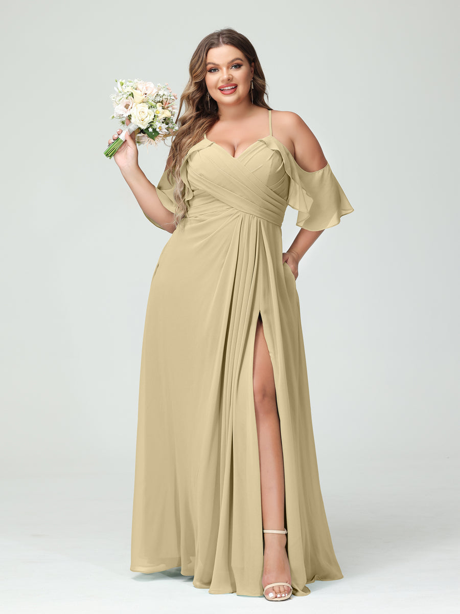A-Line/Princess Spaghetti Straps Short Sleeves Chiffon Plus Size Bridesmaid Dresses with Pockets,Ruched Split Side