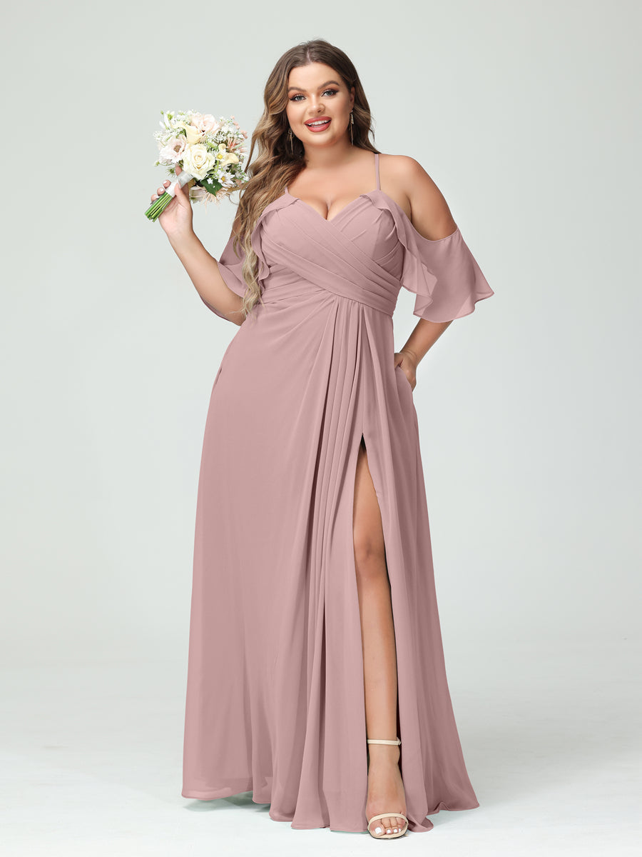 A-Line/Princess Spaghetti Straps Short Sleeves Chiffon Plus Size Bridesmaid Dresses with Pockets,Ruched Split Side