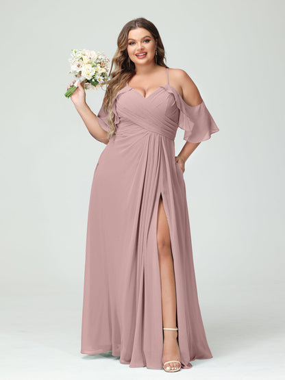 A-Line/Princess Spaghetti Straps Short Sleeves Chiffon Plus Size Bridesmaid Dresses with Pockets,Ruched Split Side