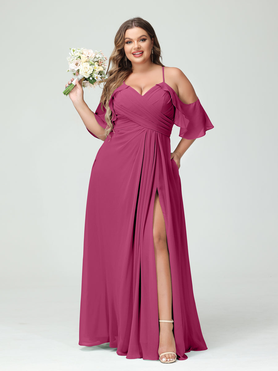 A-Line/Princess Spaghetti Straps Short Sleeves Chiffon Plus Size Bridesmaid Dresses with Pockets,Ruched Split Side