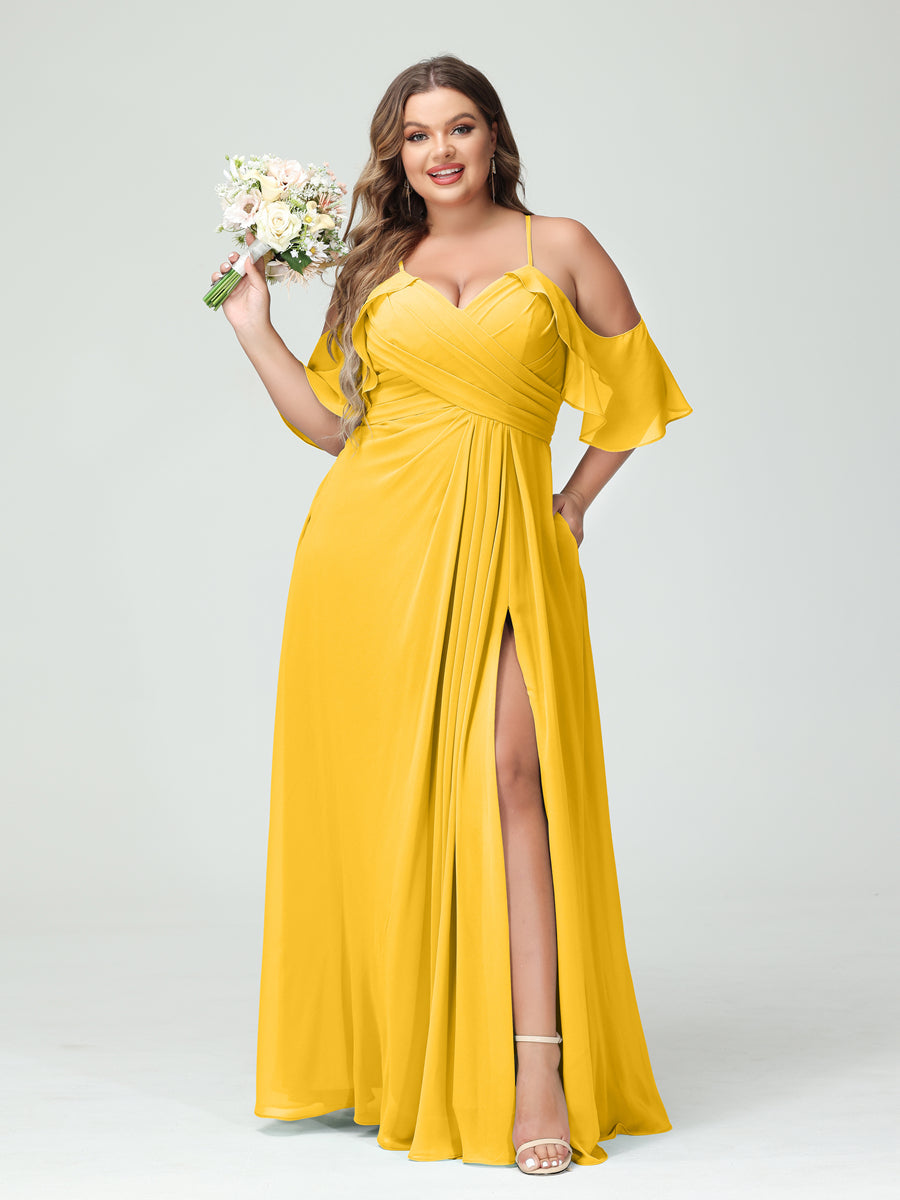 A-Line/Princess Spaghetti Straps Short Sleeves Chiffon Plus Size Bridesmaid Dresses with Pockets,Ruched Split Side