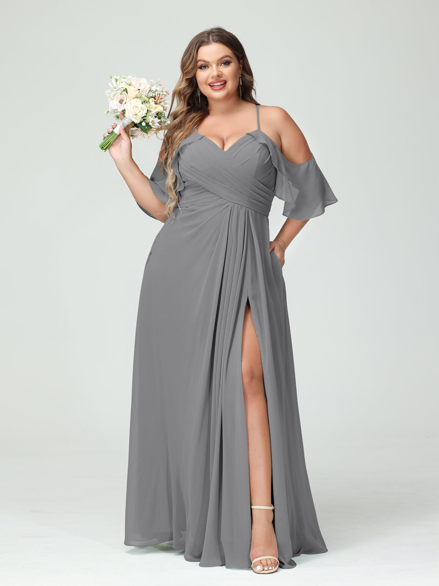 A-Line/Princess Spaghetti Straps Short Sleeves Chiffon Plus Size Bridesmaid Dresses with Pockets,Ruched Split Side